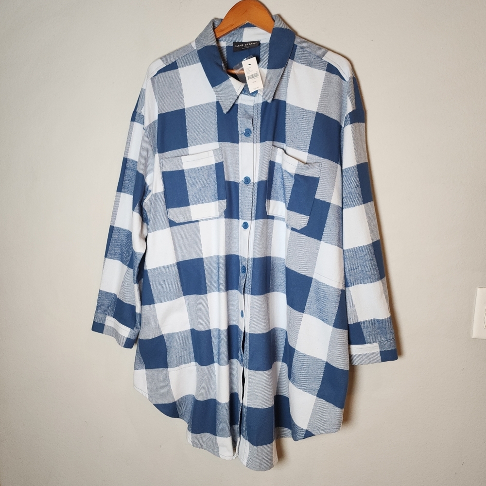 NWT Lane Bryant Relaxed Long-Sleeve Button Front Shacket Duster Blue Plaid 22/24